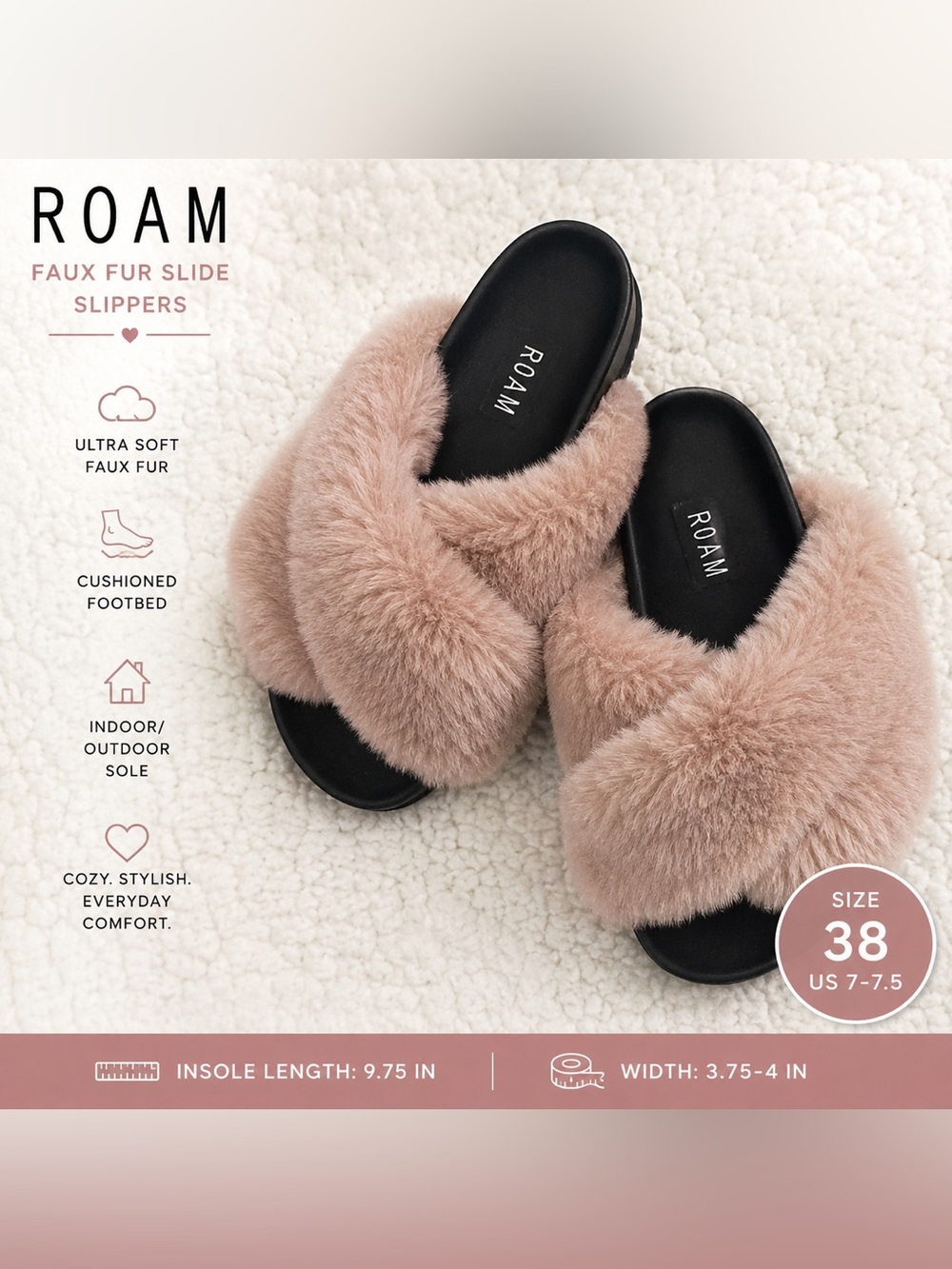 ROAM Faux Fur Slide Slippers Blush Taupe Plush Cozy Size 38 US 7-7.5